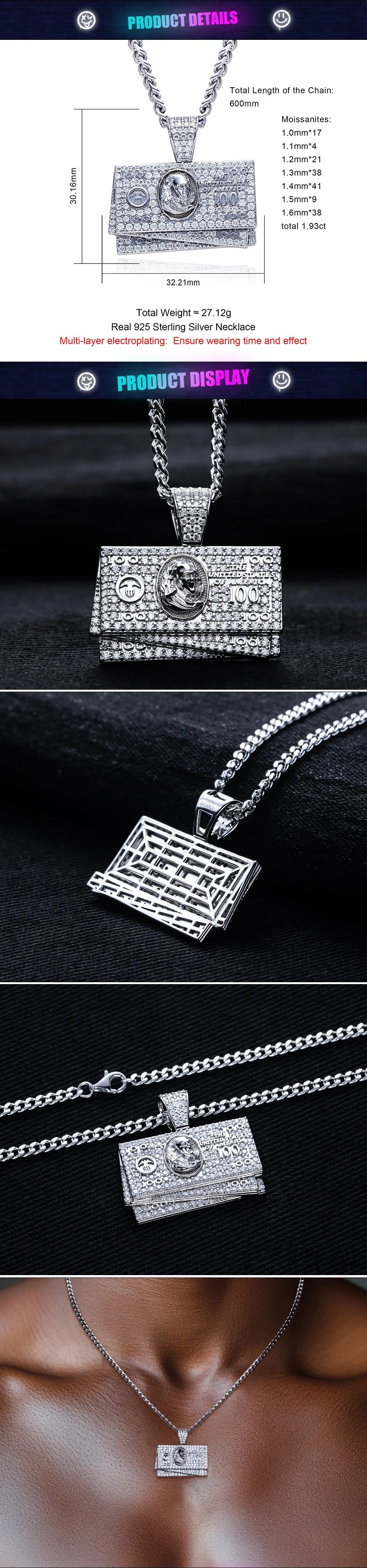 1.9cttw Moissanite Dollar Bill Pendant – 925 Silver Hip Hop Necklace