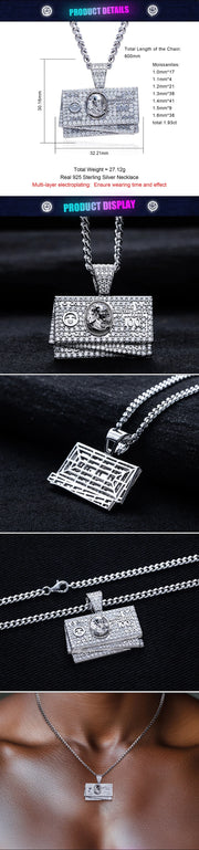 1.9cttw Moissanite Dollar Bill Pendant – 925 Silver Hip Hop Necklace