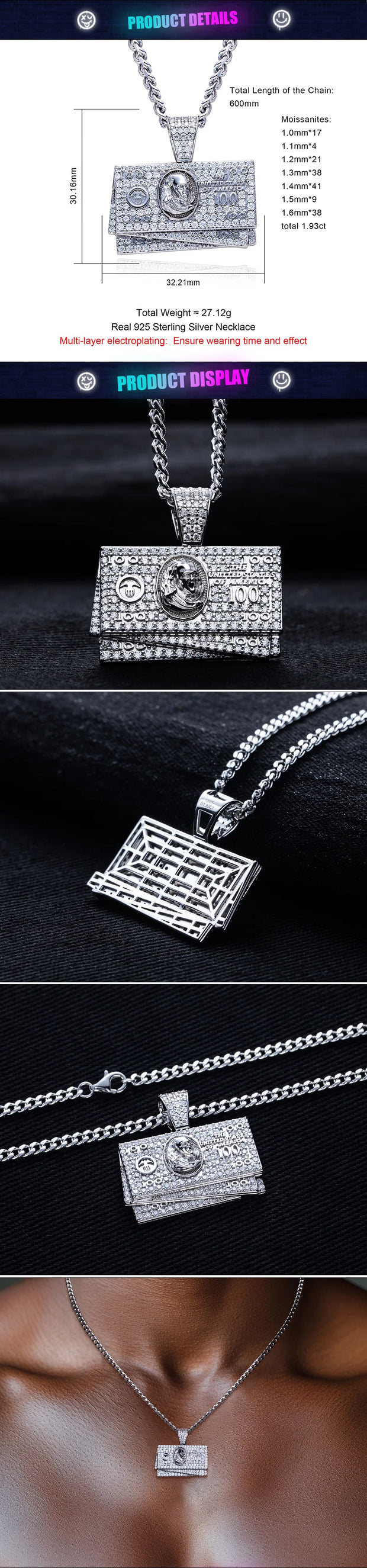 1.9cttw Moissanite Dollar Bill Pendant – 925 Silver Hip Hop Necklace