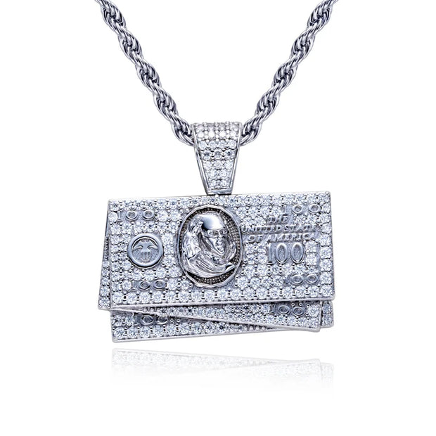 1.9cttw Moissanite Dollar Bill Pendant – 925 Silver Hip Hop Necklace