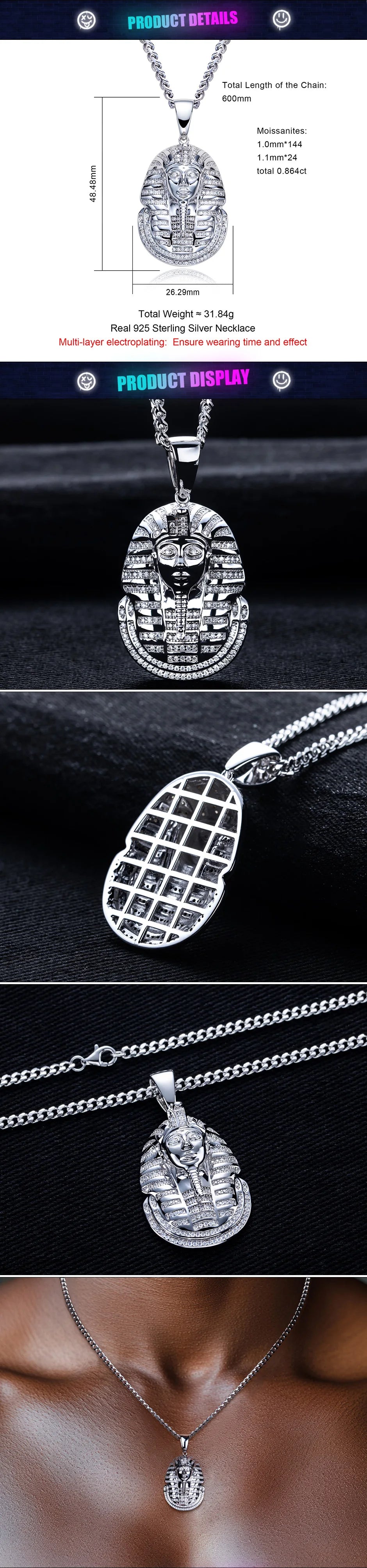 Moissanite Pharaoh Pendant – 925 Silver Hip Hop Necklace