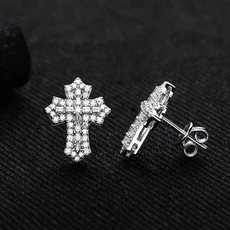 1.0cttw Moissanite Iced Out Cross Stud Earrings – 925 Sterling Silver