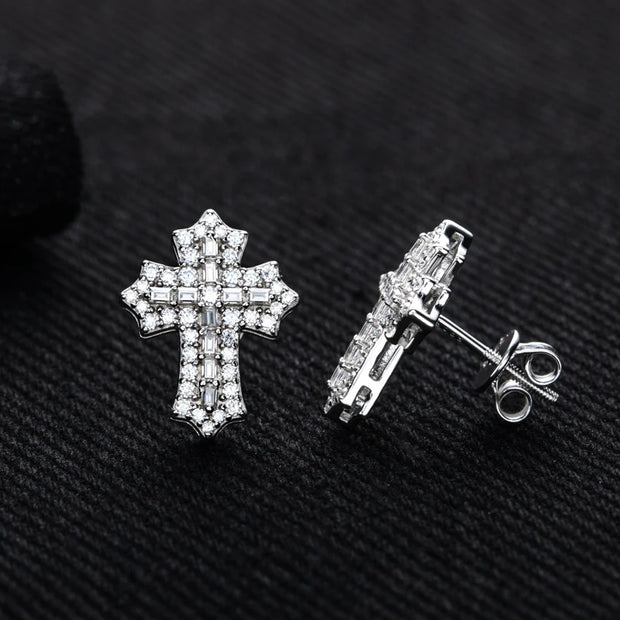 1.0cttw Moissanite Iced Out Cross Stud Earrings – 925 Sterling Silver