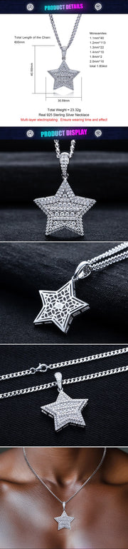 1.8ct Moissanite Lucky Star Pendant – 925 Sterling Silver Hip Hop Necklace for Men