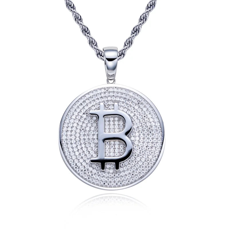 Moissanite Iced Out Bitcoin Pendant – 925 Silver Hip Hop Necklace