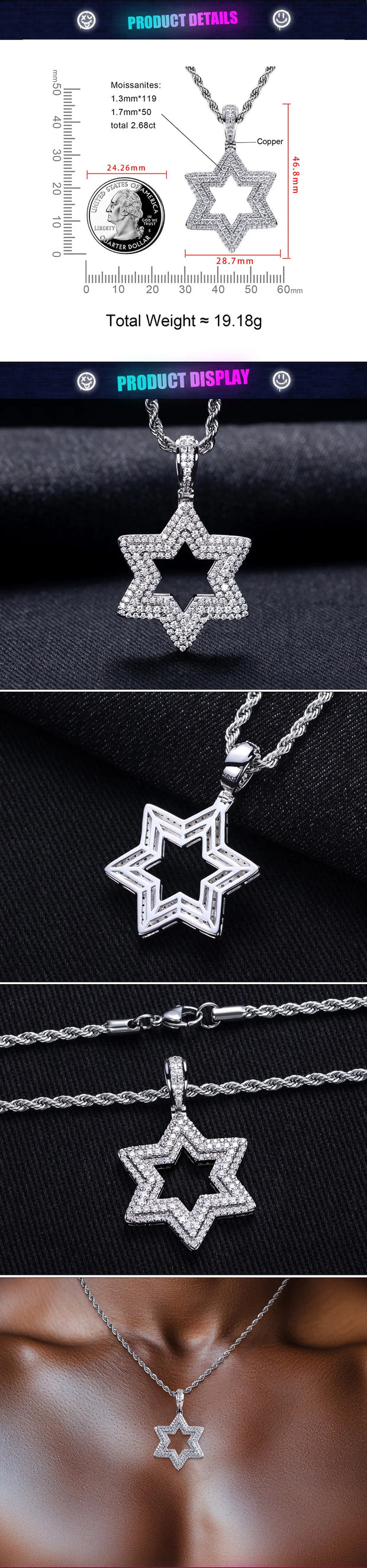 Star of David Moissanite Pendant – 14K Gold Plated Hip Hop Necklace