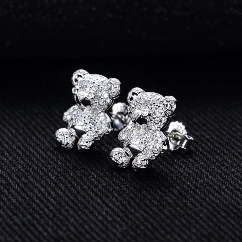 Moissanite Iced Out Bear Stud Earrings – 925 Silver Hip Hop Jewelry