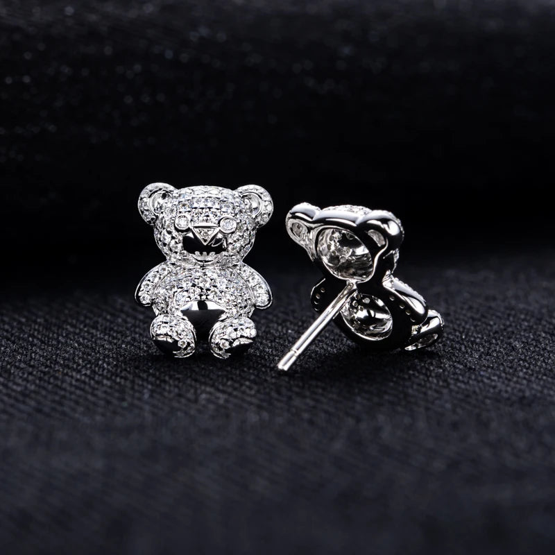 Moissanite Iced Out Bear Stud Earrings – 925 Silver Hip Hop Jewelry