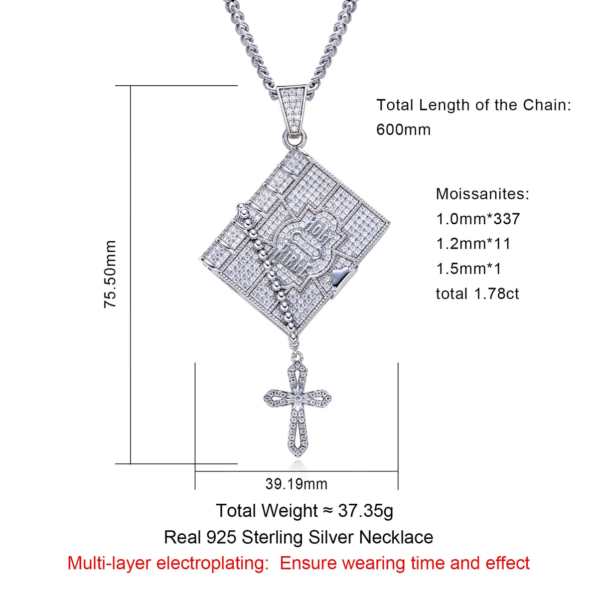 1.78cttw Moissanite Bible Cross Pendant – 925 Silver Iced Out Necklace