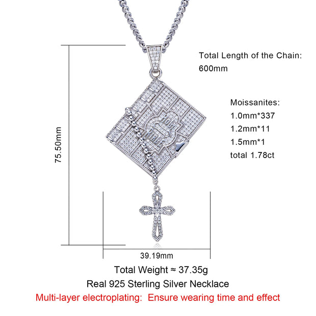 1.78cttw Moissanite Bible Cross Pendant – 925 Silver Iced Out Necklace