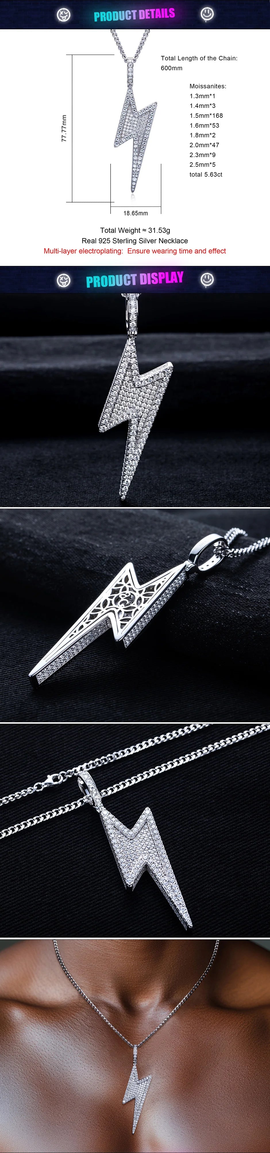 5.6cttw Moissanite Lightning Pendant – 925 Silver Iced Necklace