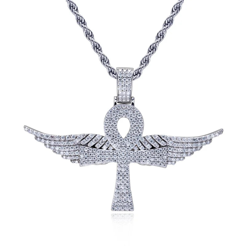 Moissanite Angel Wing Cross Pendant – 925 Silver Hip Hop Necklace