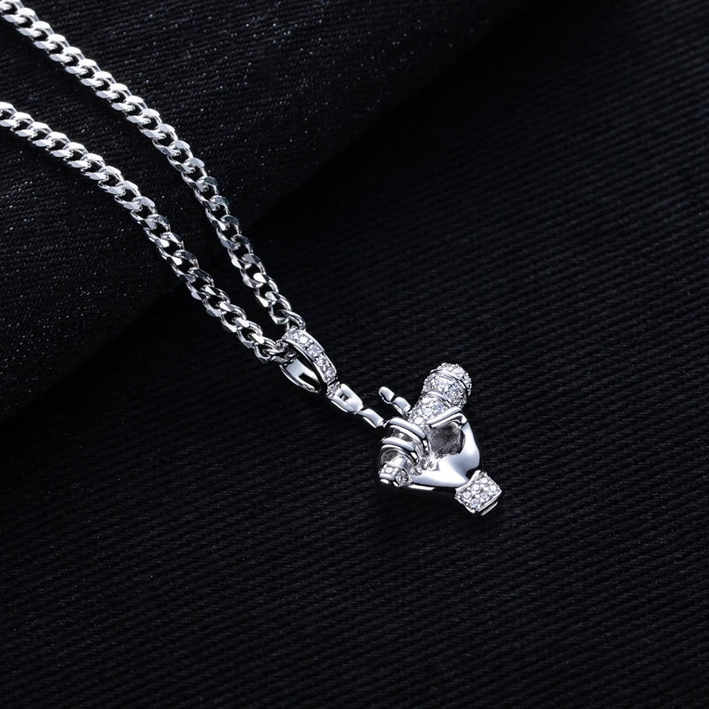 Moissanite Microphone Hand Pendant – 925 Silver Hip Hop Necklace