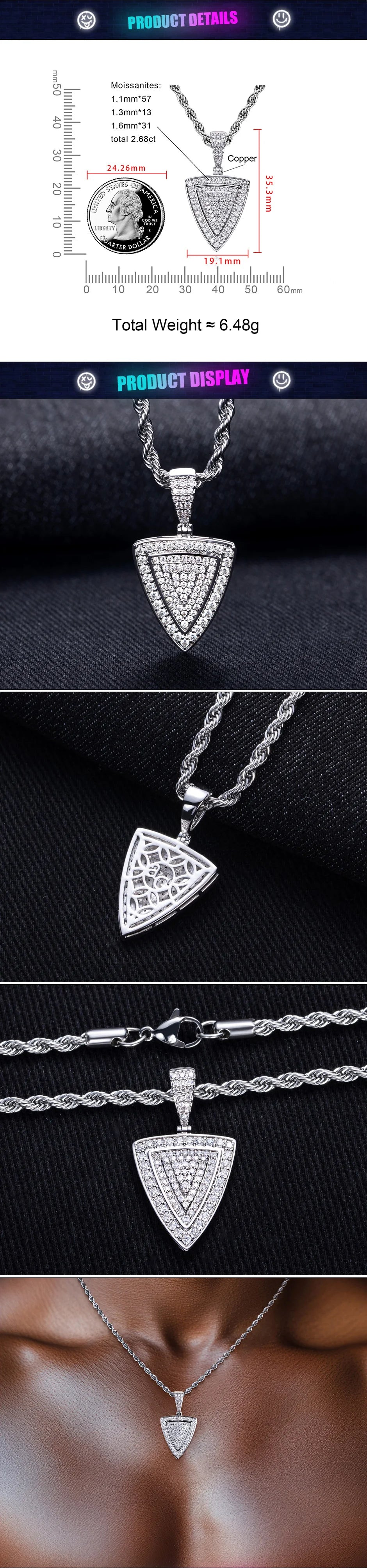 1ct Moissanite Triangle Pendant – 14K Gold Plated
