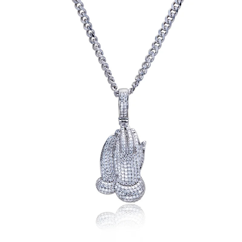 Moissanite Praying Hand Pendant – 925 Silver Hip Hop Necklace