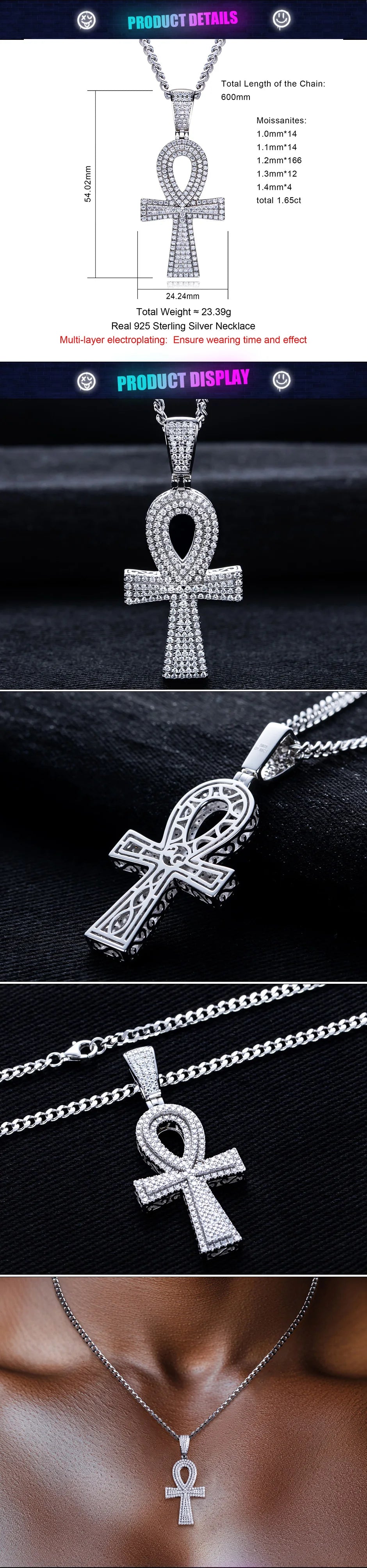 Moissanite Iced Out Cross Pendant – 925 Silver Hip Hop Necklace