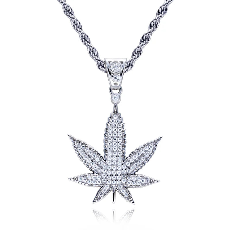 Moissanite Hemp Leaf Pendant – 925 Sterling Silver Iced Out Necklace